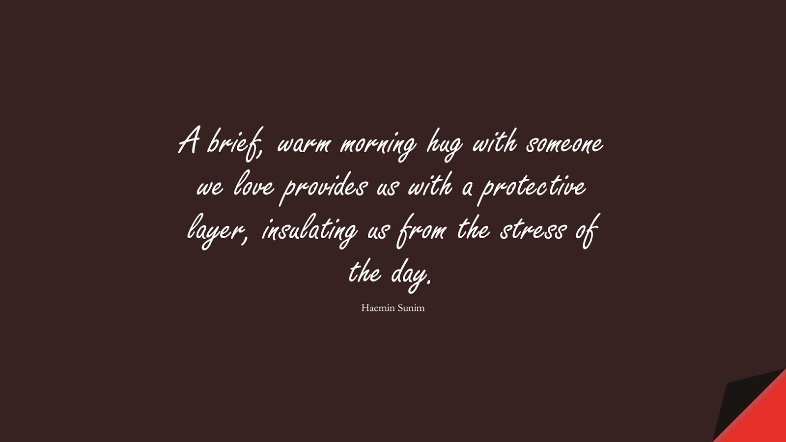 A brief, warm morning hug with someone we love provides us with a protective layer, insulating us from the stress of the day. (Haemin Sunim);  #StressQuotes