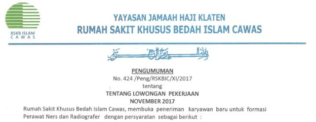 Lowongan Kerja Rumah Sakit Khusus Bedah Islam Cawas 