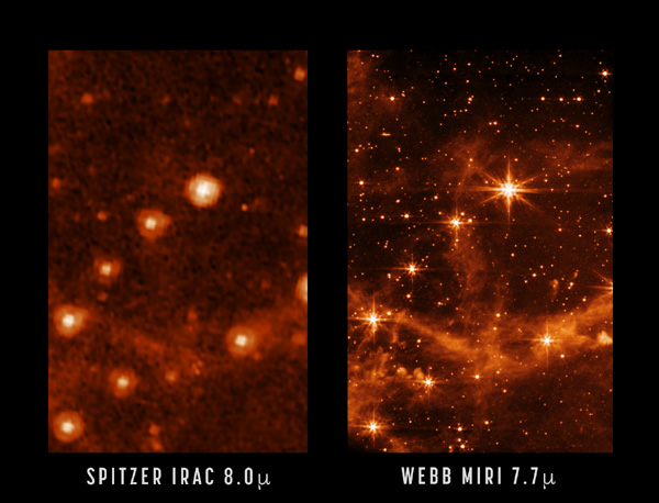 Images of the Large Magellanic Cloud that were taken by NASA's Spitzer Space Telescope and the Webb Space Telescope.