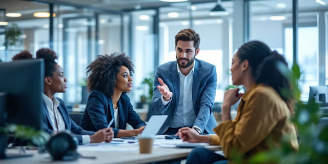Business professionals collaborating on AI safety in an office.
