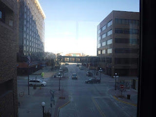 view of skywalk bridge across street in downtown Sioux City Iowa