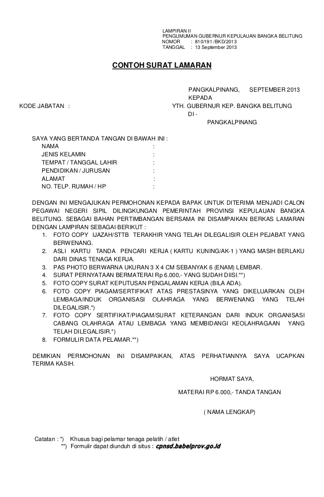 10 Contoh Surat Lamaran Kerja CPNS - ben jobs