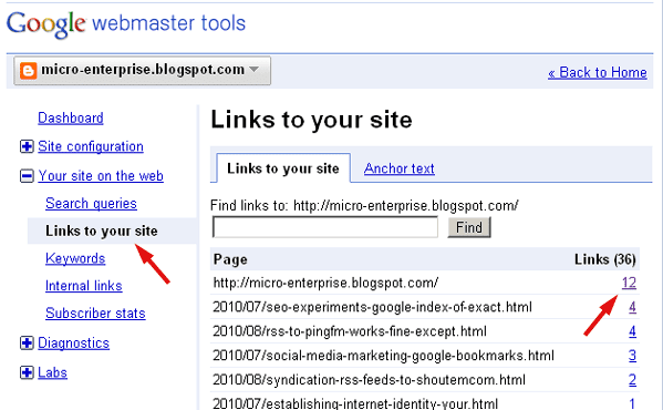 Screenshot of Google Webmaster Tools *Links to Your Site* Page