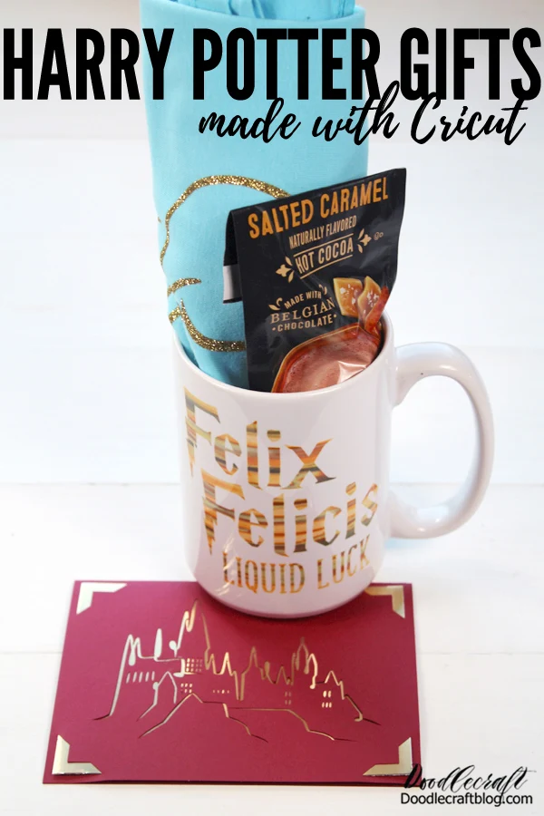 Make a custom shirt with a golden snitch, a handmade card featuring Hogwarts Castle and the best part, a Felix Felicis Liquid Luck Mug! Just add a little package of hot chocolate for the finishing touch.