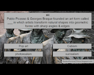 Pablo Picasso & Georges Braque founded an art form called ___ in which artists transform natural shapes into geometric forms with sharp angles & edges. Answer choices include: Pop art, Cubism, photorealism, surrealism