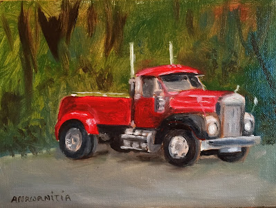 The Red Truck is an original oil painting by Anawanitia.