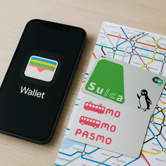iPhone Wallet 앱과 Suica, PASMO 카드가 함께 놓인 일본 여행 준비 이미지