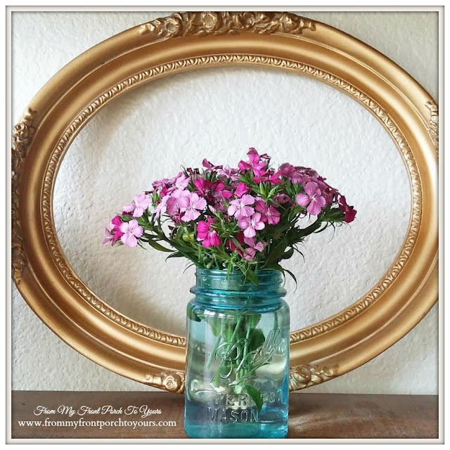 Sweet William Flowers In Blue Ball Mason Jar- From My Front Porch To Yours