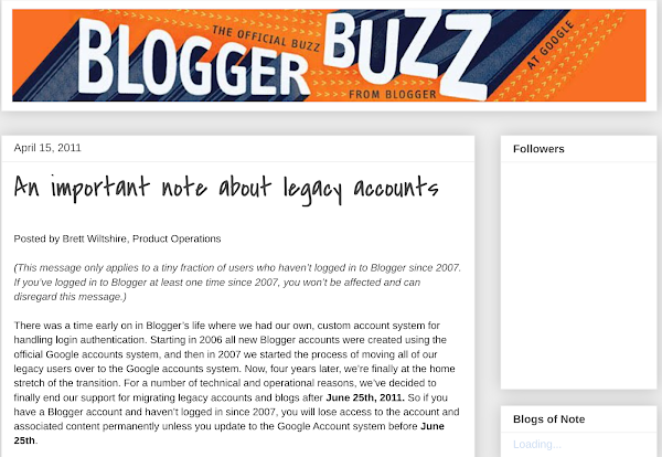 Screenshot of Blogger Buzz article An Important Note About Legacy Accounts