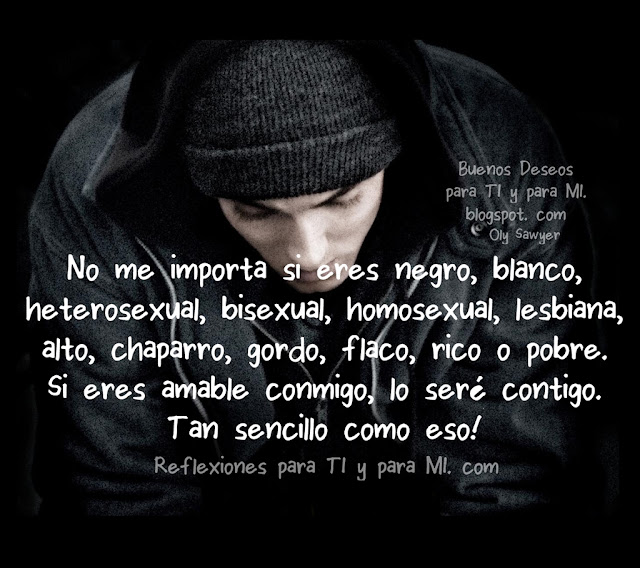 No me importa si eres negro, blanco, heterosexual, bisexual, homosexual, lesbiana, alto, chaparro, gordo, flaco, rico o pobre, si eres amable conmigo, lo seré contigo. Tan sencillo como eso!