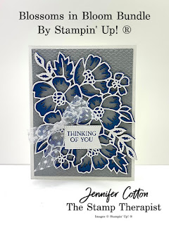 This Thinking of You card uses Stampin' Up!'s Blossoms in Bloom Bundle, Tasteful Textile embossing folder, and Tasteful Touches Bundle.  Click the pic for more info!  #StampinUp #StampTherapist