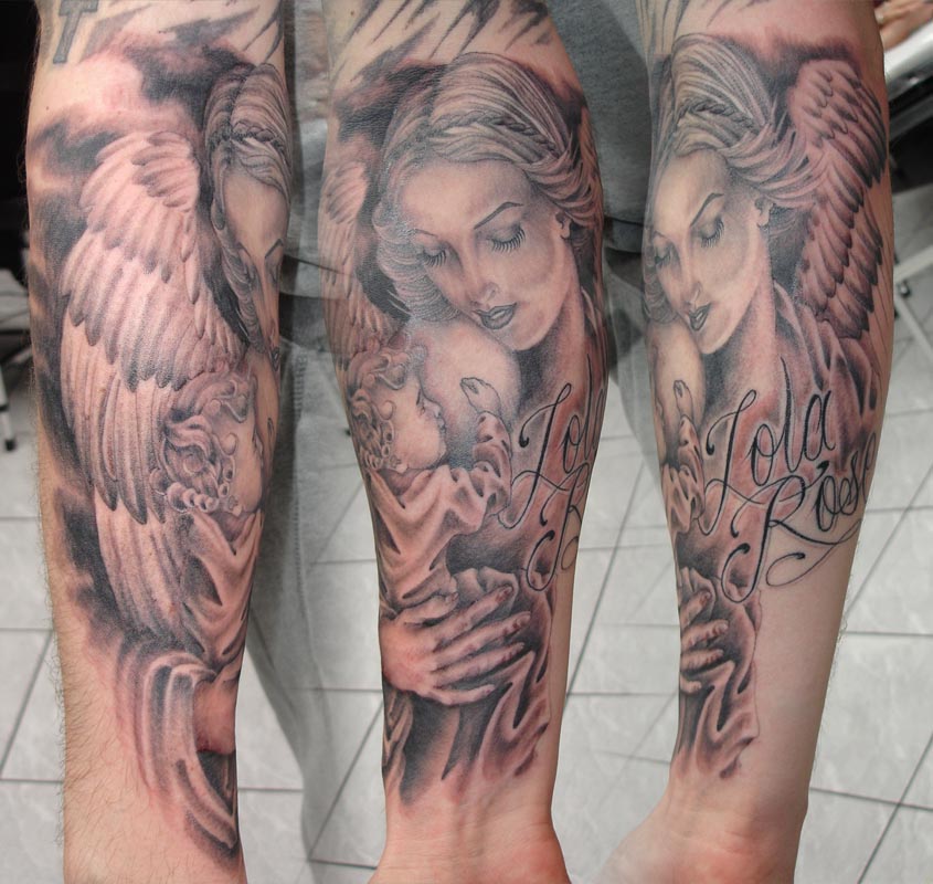 The weeping angel on the upper arm is a sweet tattoo that showcases a