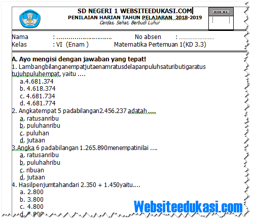 Soal Matematika Uas Kelas 4 Semester 1 Kurikulum 2013 Revisi 2018