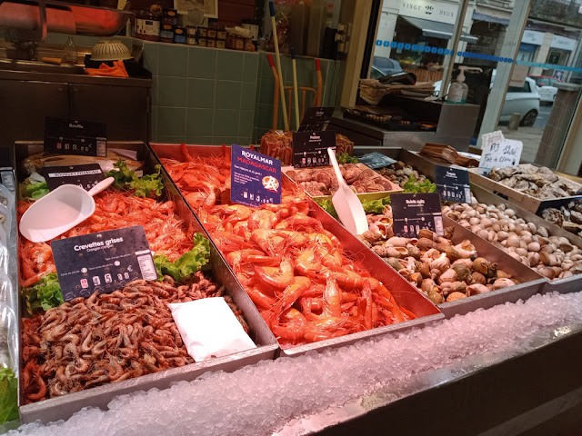 Shrimps and prawns in a covered market hall, Indre et Loire, France. Photo by Loire Valley Time Travel.