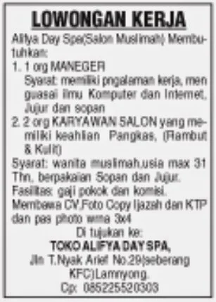 Lowongan Kerja Alifya Day SPA