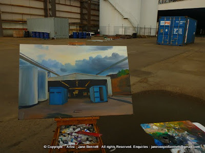 plein air oil painting of the White Bay Transit Shed, White Bay Wharf by industrial and maritime heritage artist Jane Bennett