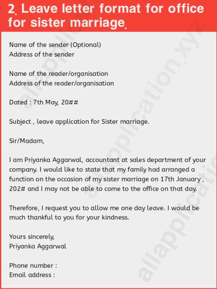 Leave letter format for office for marriage