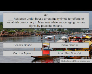 ___ has been under house arrest many times for efforts to establish democracy in Myanmar while encouraging human rights by peaceful means. Answer choices include: Benazir Bhutto, Indira Gandhi, Corizon Aquino, Aung San Suu Kyi