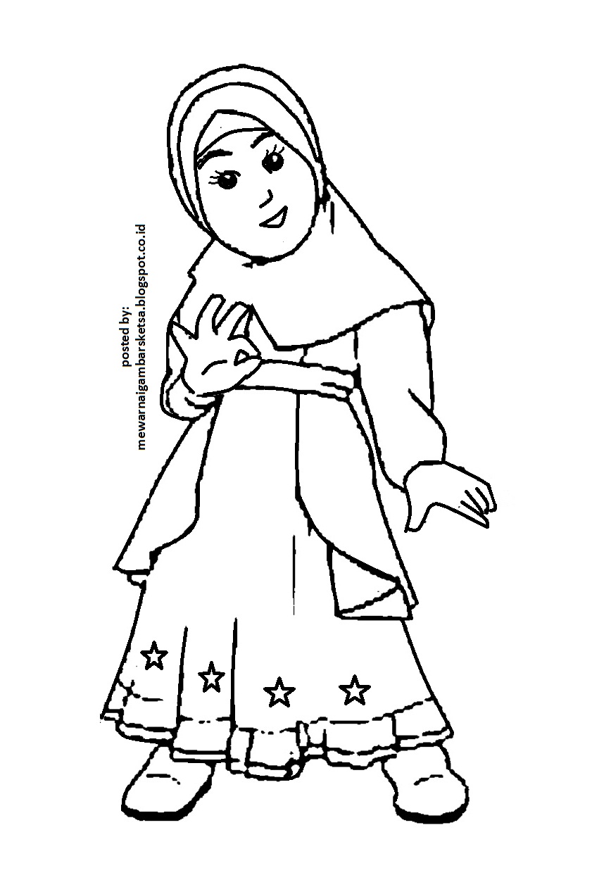 Mewarnai Gambar: Mewarnai Gambar Sketsa Kartun Anak Muslimah 2