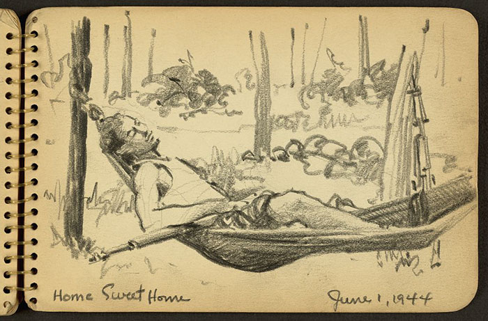 21-Year-Old WWII Soldier’s Sketchbooks Show War Through The Eyes Of An Architect - Home Sweet Home. Soldier In Hammock While Stationed At Fort Jackson, South Carolina