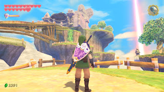 Link on Skyloft, staring at the Isle of the Goddess from below