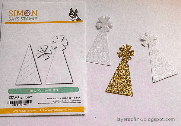 Layers of ink - Glitter and Vellum Trees Tag tutorial by Anna-Karin Evaldsson. Die cut Simon Says Stamp Party Hat.