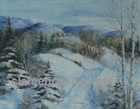 Winter sports, 11 x 14 oil painting by Clemence St. Laurent - children sliding down a hill on their sleighs in the countryside