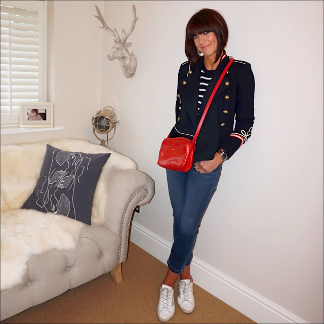 my midlife fashion, isabel marant etoile military jacket, marks and spencer cashmere stripe crew neck jumper, uterque mock croc crossbody bag, j crew billie demi boot crop jeans, golden goose superstar low top leather trainers