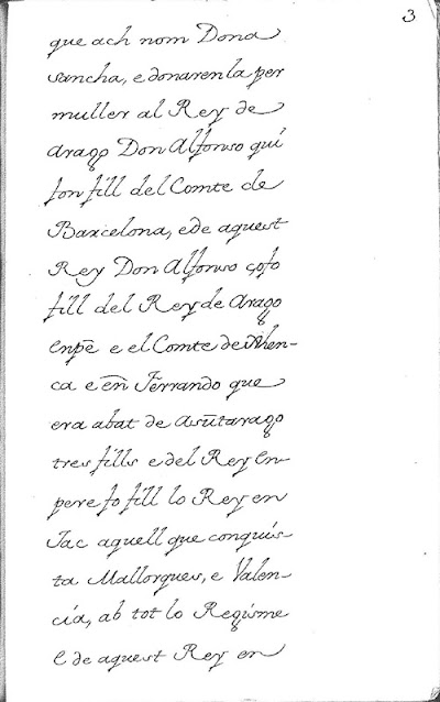 que ach nom Dona sancha, e donarenla per muller al Rey de Arago Don Alfonso (Alfonso II de Aragón) qui fon fill del Comte de Barcelona (y de Petronila, Petrvs, reina de Arago), e de aquest Rey Don Alfonso çofo (no entiendo esta abreviatura) fill del Rey de Arago en Pere e el Comte de Prohenca (Provença, Provintia, Provence ?) e en Ferrando que era abat de Asuntarago (abad de Montearagón, Ferrando o Fernando de Aragón, hijo de Alfonso II, hermano de Pedro II, tío del futuro Jaime I) tres fills e del Rey en Jac (Iavmes, Jacme, Jaime I) aquell que conquista Mallorques, e Valencia, ab tot lo Regisme e de aquest Rey en