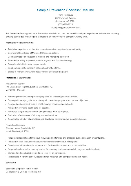 Sample Prevention Specialist Resume