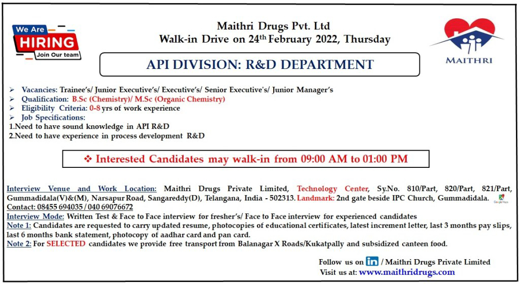 Job Availables,Maithri Drugs Pvt. Ltd Walk-In-Interview For BSc/ MSc- Freshers/ Experienced