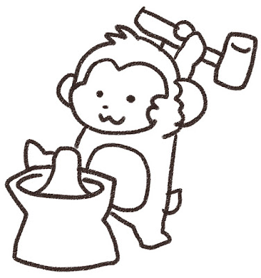 餅つきをする猿のイラスト（申年）モノクロ線画