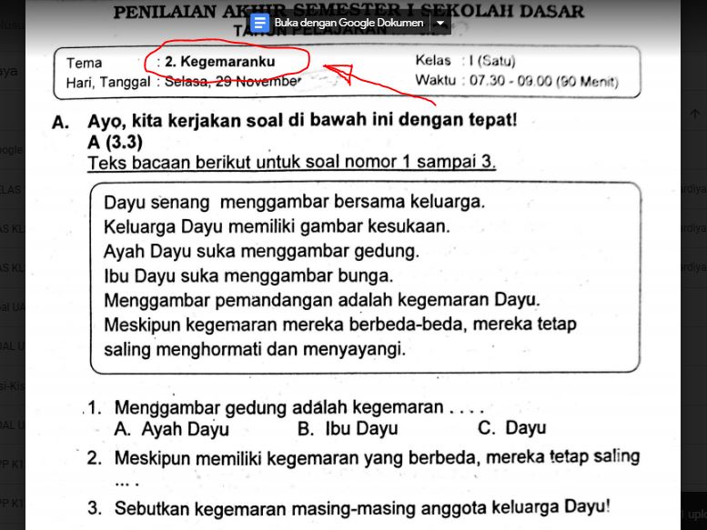Soal Ulangan Kelas 1 Tema 2 Kegemaranku K13