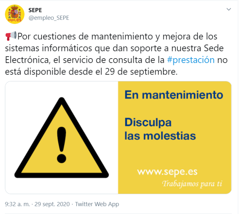 La Sede Electrónica del SEPE NO FUNCIONA desde hoy día 29 Septiembre