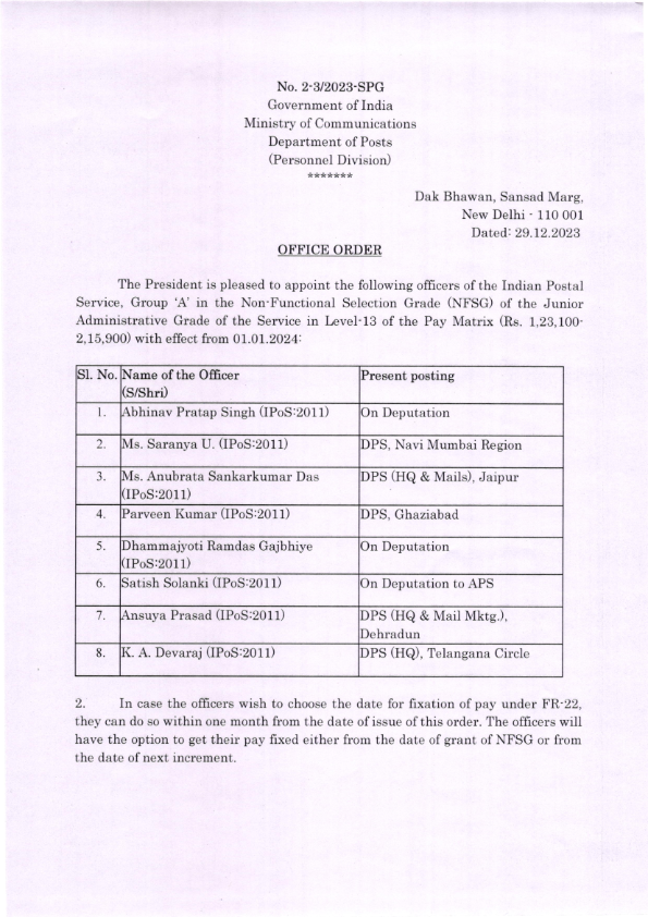 Placement of Junior Administrative Grade (JAG) Officers of Indian Postal Service (IPoS), Group ‘A’ in Non- Functional Selection Grade in Level 13  of the Pay Matrix w.e.f. 1st January, 2024.