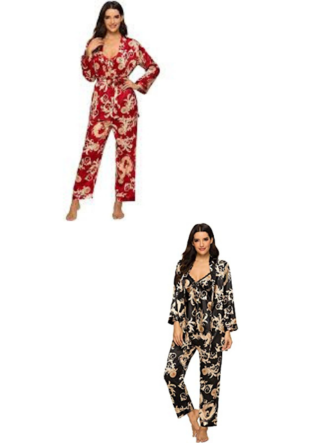 HOUSEPLANT Women's Floral Silk Satin Pajamas Set Sleepwear 3Pcs Nightwear Long Sleeve Pyjamas with Belt