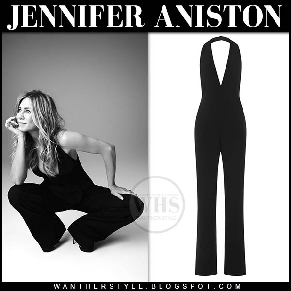 Jennifer Aniston in black v-neck jumpsuit