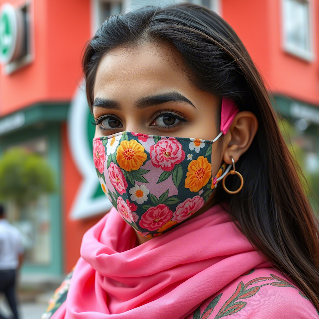 Girl with facemask tilting head in cute WhatsApp background