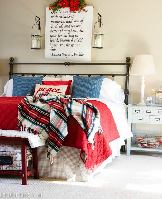 DIY scroll over Christmas bed with plaid accents