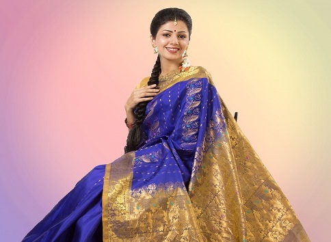 Blue And Golden Handwoven Bangalore Saree