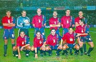 Selección de ESPAÑA - Temporada 1996-97 - Nadal, Zubizarreta, Fernando Hierro, Roberto Ríos, Guardiola y Kiko; Abelardo, Sergi, Alfonso, Raúl y Rafa Alcorta - ESPAÑA 2 (Guardiola y Raúl), YUGOSLAVIA 0 - 14/12/1996 - Mundial de Francia 1998, fase de clasificación - Valencia, estadio de Mestalla - Alineación: Zubizarreta; Luis Enrique, Alcorta, Nadal, Abelardo, Sergi; Guardiola, Roberto Ríos; Kiko Nárvaez (Manjarín, 75'), Raúl (Julen Guerrero, 86') y Alfonso (Guillermo Amor, 60')