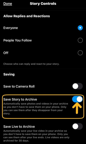 ومنها تُفعل خاصية حفظ القصص في الأرشيف Save Story to Archive.