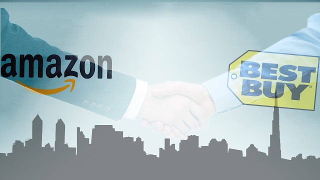 Amazon and Best Buy partnership by shaking hands