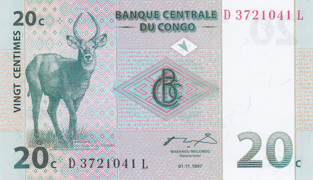 Congo Democratic Republic 20 Centimes banknote 1997 Waterbuck antelope