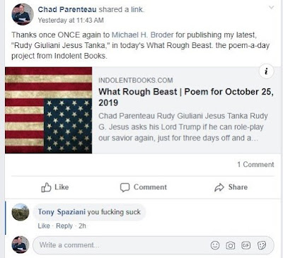 Spaziani Comment on What Rough Beast Poem: "you fucking suck"