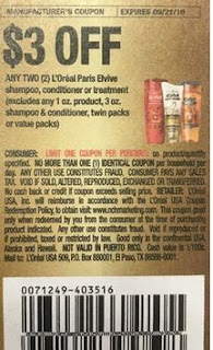 $3/2 Loreal Paris Elvive Shampoos, Conditioner Or Treatment Excludes Any 1oz Product, 3oz Shampoo And Conditioner, Twin Packs Or Value Product (Limit 1)  Coupon from "RMN" insert week of 9/8 (EXP:9/21).