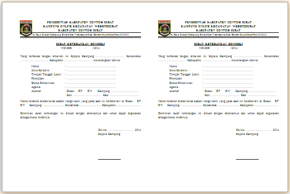 Contoh Draft Surat Keterangan Domisili dari Kelurahan