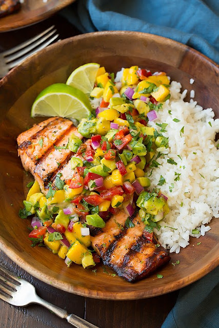 Grilled Salmon with Mango Salsa and Coconut Rice