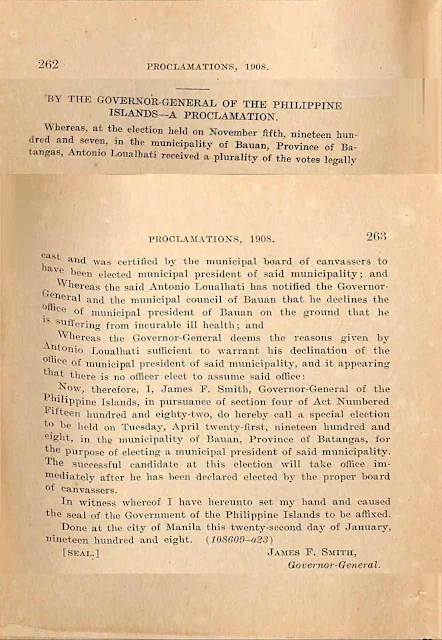 1908 proclamation setting special election in Bauan, English version.