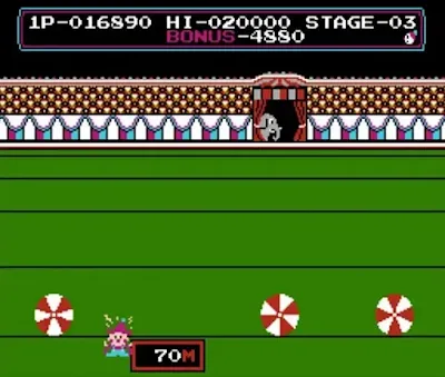Circus Charlie - A retro arcade game scene featuring Charlie, a determined clown, leaping through a ring of fire on the back of a roaring lion. Vibrant pixelated graphics and a big top backdrop create a nostalgic atmosphere.